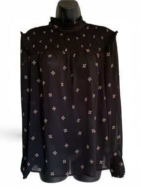Whimsygoth Coquette Dark Romance Victorian Starry Black Smocked Blouse SZ XL